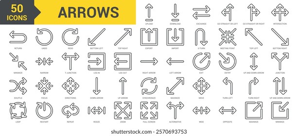 Arrows icon collection set. Containing turn left, turn right, up and down arrow, restart, resize, zoom, full screen, alternative, return, directions, arrow, maximize, minimize icon. Simple line vector