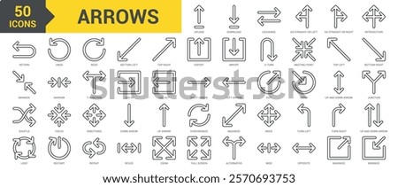 Arrows icon collection set. Containing turn left, turn right, up and down arrow, restart, resize, zoom, full screen, alternative, return, directions, arrow, maximize, minimize icon. Simple line vector