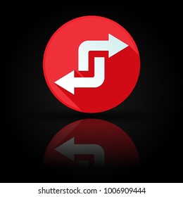 Arrows icon. Red sign with reflection on black background. Right and left combo symbol. Vector illustration