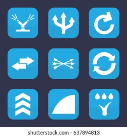 Arrows icon. set of 9 filled arrows icons such as angle, watering system, arrow, arrow bow