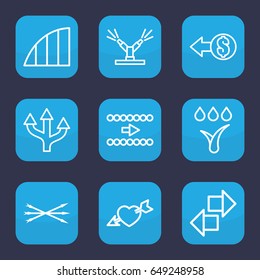 Arrows icon. set of 9 outline arrows icons such as heart with arrow, angle, watering system, arrow bow, coin