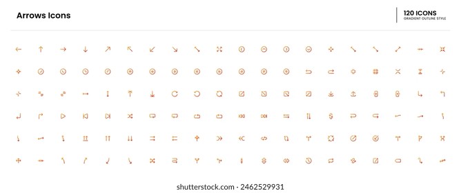 Pfeile Symbolsatz. Pfeile, Pfeil, Richtung, Satz, Design, Vektorgrafik, Symbol, Schwarz, Symbol, Zeichen, Zeichen, Zeiger, Illustration, Linie, Web, Kollektion, Abwärts, Element. Gradientensymboldarstellung der Vektorgrafik