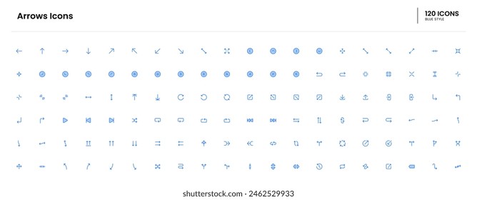 Conjunto de iconos de flechas. flechas, flecha, dirección, conjunto, diseño, Vector, símbolo, negro, icono, signo, puntero, ilustración, línea, Web, colección, abajo, elemento. Ilustración de ícono azul de Vector