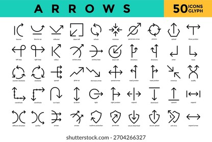 Ícone de setas definido com saltar, saltar para cima, refletido, para baixo à esquerda, atualizar, minimizar, penetrar seta, processo, upload, ícone de três junções. Vetor de glifo simples 
