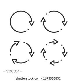 conjunto de iconos de flechas, reciclaje circular, actualización y restablecimiento de bucle, avance, conversión de símbolos web de línea delgada en fondo blanco - ilustración de trazo editable eps10