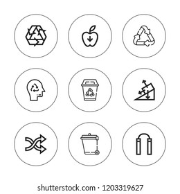 Arrows icon set. collection of 9 outline arrows icons with gravity, nunchaku, recycle, recycling icons. editable icons.