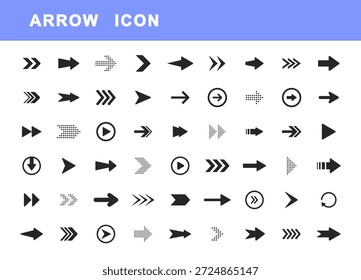 Conjunto de iconos de flechas. Colección de flechas para Diseño web, interfaz, aplicaciones móviles. Modernas flechas simples. Botones de control del sitio y del jugador. Señales de información. Orientaciones para encontrar caminos. Vector