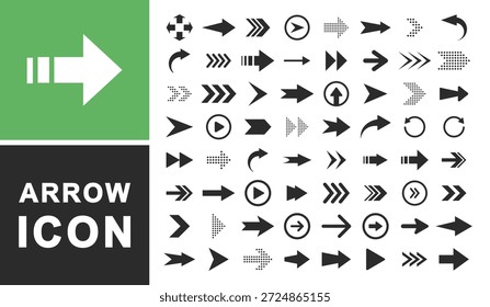 Conjunto de iconos de flechas. Colección de flechas para Diseño web, interfaz, aplicaciones móviles. Modernas flechas simples. Botones de control del sitio y del jugador. Señales de información. Orientaciones para encontrar caminos. Vector