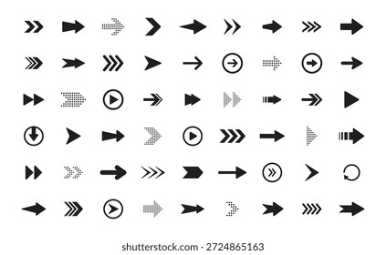 Conjunto de iconos de flechas. Colección de flechas para Diseño web, interfaz, aplicaciones móviles. Modernas flechas simples. Botones de control del sitio y del jugador. Señales de información. Orientaciones para encontrar caminos. Vector
