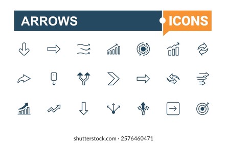 Arrows icon set. It contains symbols to illustration, arrow, navigation, slim, web and more. Isolated icons design. Editable vector outline and solid icons.