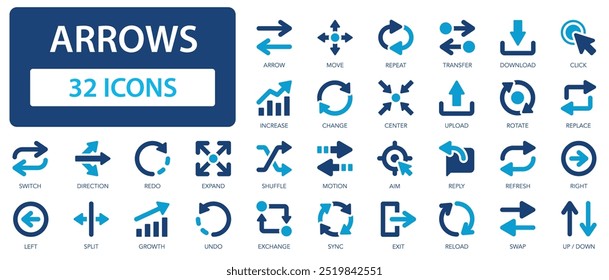 Arrows icon set. Cursor, swap, simple pointer, exchange, right, left, up, down.