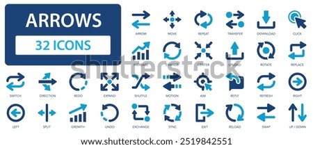 Arrows icon set. Cursor, swap, simple pointer, exchange, right, left, up, down.