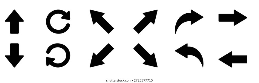 Conjunto de iconos de flechas. Flechas diagonales, curvas y circulares en dirección izquierda, derecha y arriba para señales de tráfico, señalización direccional e interfaces de interfaz de usuario de navegación. Silueta de colección de flechas en negro