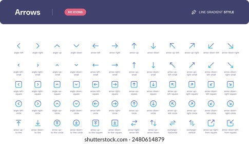 Pfeile - Symbolsatz. Grundlegende Benutzeroberflächensymbole, die im Stil des Linienverlaufs festgelegt sind. Die Gruppe besteht aus wichtigen und häufig verwendeten Symbolen, die jeder UI-Designer benötigt.