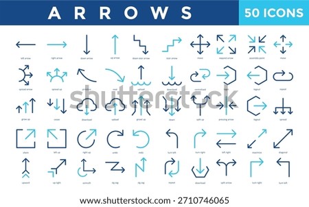 Arrows icon set with left, right, down, up arrow, down stair, stair arrow, move, expand arrow, assembly point icon. Simple flat vector 

