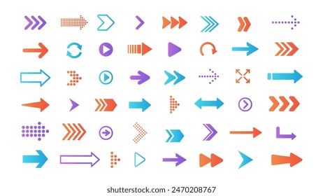 Conjunto de iconos de flechas. Colección de flecha multicolor. cursor de Vector. Flechas simples modernas. Ilustración vectorial
