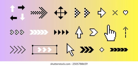 Arrows icon set in pixel art. Simple arrows pack. Cursor icon click. Pixels elements set in the mood of 90's aesthetics. Y2k trendy stickers. 8 bit retro style vector illustration