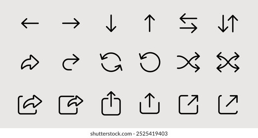 Ícone de setas definido para o design do ui ux do site. Botões de seta símbolos finos. Sinais de interface. Baixar, direcionar e compartilhar pictogramas