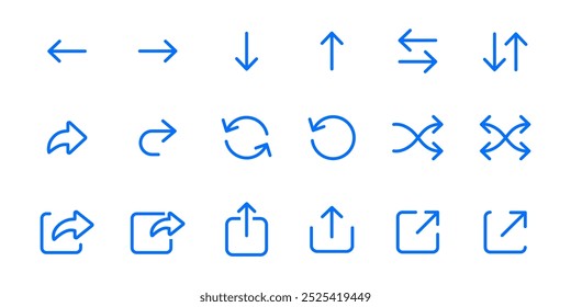 Ícone de setas definido para o design do ui ux do site. Botões de seta símbolos finos. Sinais de interface. Baixe, direcione e compartilhe pictogramas para aplicativo.