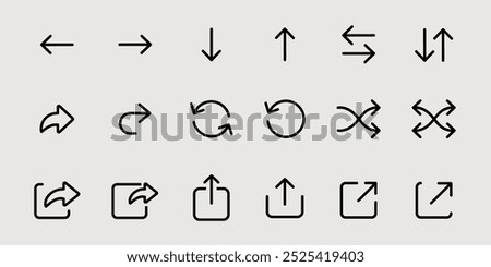 Arrows icon set for website ui ux design. Arrow buttons thin symbols. Interface signs. Download, direction and share pictograms