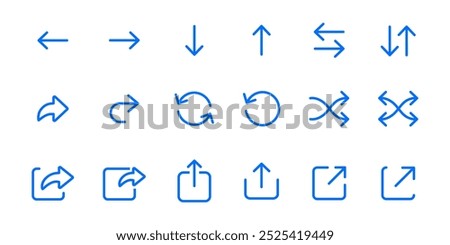 Arrows icon set for website ui ux design. Arrow buttons thin symbols. Interface signs. Download, direction and share pictograms for app.