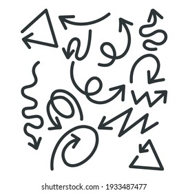 arrows icon vector bundle, line hand drawn direction sign for doodle