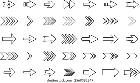 Arrows icon vector drawing element. Arrows icon in black color. Linear arrow icons set. Collection different arrows sign. Flat design media controls and pointers collection on white background. 