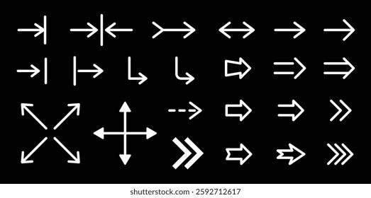 Arrows icons big set. Loading, downloading icon. Modern simple arrows, pointers on black background. Collection of arrow signs and direction indicators in various styles. Different arrow icons.