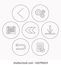 Arrows icons. Download, left direction linear signs. Next, back arrows flat line icons. Check file, calendar and cogwheel icons. Vector