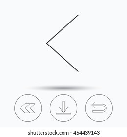Arrows icons. Download, left direction linear signs. Next, back arrows flat line icons. Linear icons in circle buttons. Flat web symbols. Vector
