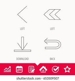 Arrows icons. Download, left direction linear signs. Next, back arrows flat line icons. Edit document, Calendar and Graph chart signs. Star, Check and House web icons. Vector