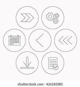 Arrows icons. Download, left and right direction linear signs. Next, back arrows flat line icons. Check file, calendar and cogwheel icons. Vector