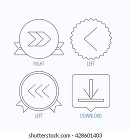 Arrows icons. Download, left and right direction linear signs. Next, back arrows flat line icons. Award medal, star label and speech bubble designs. Vector