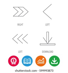 Arrows icons. Download, left and right direction linear signs. Next, back arrows flat line icons. Award medal, growth chart and opened book web icons. Download arrow. Vector