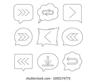 Arrows icons. Download, repeat linear signs. Next, back arrows flat line icons. Linear Speech bubbles with icons set. Comic chat balloon. Vector