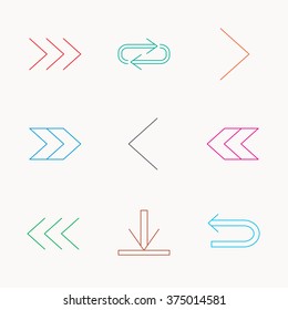 Arrows icons. Download, repeat linear signs. Next, back arrows flat line icons. Linear colored icons.