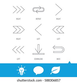 Arrows icons. Download, repeat linear signs. Next, back arrows flat line icons. Light bulb, speech bubble and leaf web icons. Vector