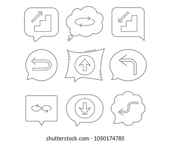 Arrows icons. Download, repeat and shuffle linear signs. Upload, back arrow flat line icons. Linear Speech bubbles with icons set. Comic chat balloon. Vector