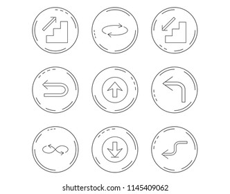 Arrows icons. Download, repeat and shuffle linear signs. Upload, back arrow flat line icons. Linear Circles web buttons with icons. Vector
