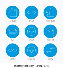 Arrows icons. Download, repeat and shuffle linear signs. Upload, back arrow flat line icons. Blue circle buttons set. Linear icons.
