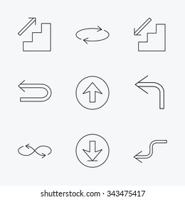 Arrows icons. Download, repeat and shuffle linear signs. Upload, back arrow flat line icons. Linear black icons on white background.