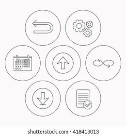 Arrows icons. Download, repeat and shuffle linear signs. Upload, back arrow flat line icons. Check file, calendar and cogwheel icons. Vector
