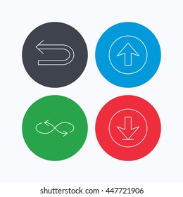 Arrows icons. Download, repeat and shuffle linear signs. Upload, back arrow flat line icons. Linear icons on colored buttons. Flat web symbols. Vector