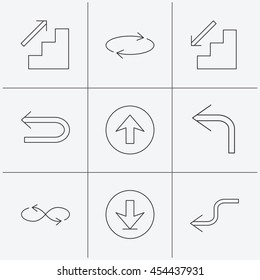 Arrows icons. Download, repeat and shuffle linear signs. Upload, back arrow flat line icons. Linear icons on white background. Vector