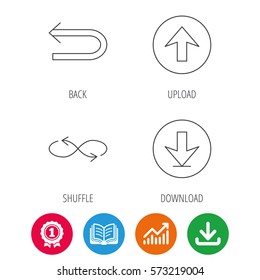 Arrows icons. Download, repeat and shuffle linear signs. Upload, back arrow flat line icons. Award medal, growth chart and opened book web icons. Download arrow. Vector
