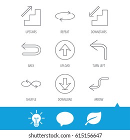 Arrows icons. Download, repeat and shuffle linear signs. Upload, back arrow flat line icons. Light bulb, speech bubble and leaf web icons. Vector