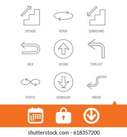 Arrows icons. Download, repeat and shuffle linear signs. Upload, back arrow flat line icons. Download arrow, locker and calendar web icons. Vector