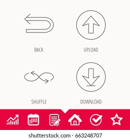 Arrows icons. Download, repeat and shuffle linear signs. Upload, back arrow flat line icons. Edit document, Calendar and Graph chart signs. Star, Check and House web icons. Vector
