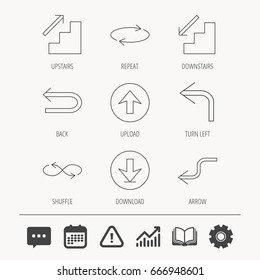 Arrows icons. Download, repeat and shuffle linear signs. Upload, back arrow flat line icons. Education book, Graph chart and Chat signs. Attention, Calendar and Cogwheel web icons. Vector