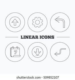 Arrows icons. Download, upload and shuffle linear signs. Turn left, back arrow flat line icons. Flat cogwheel and calendar symbols. Linear icons in circle buttons. Vector